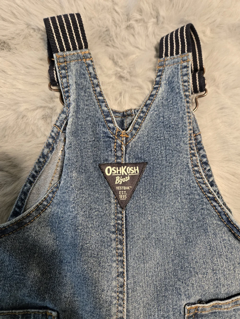 OshKosh B'gosh Striped Strap Stretch Denim Overalls 12M Snap Leg